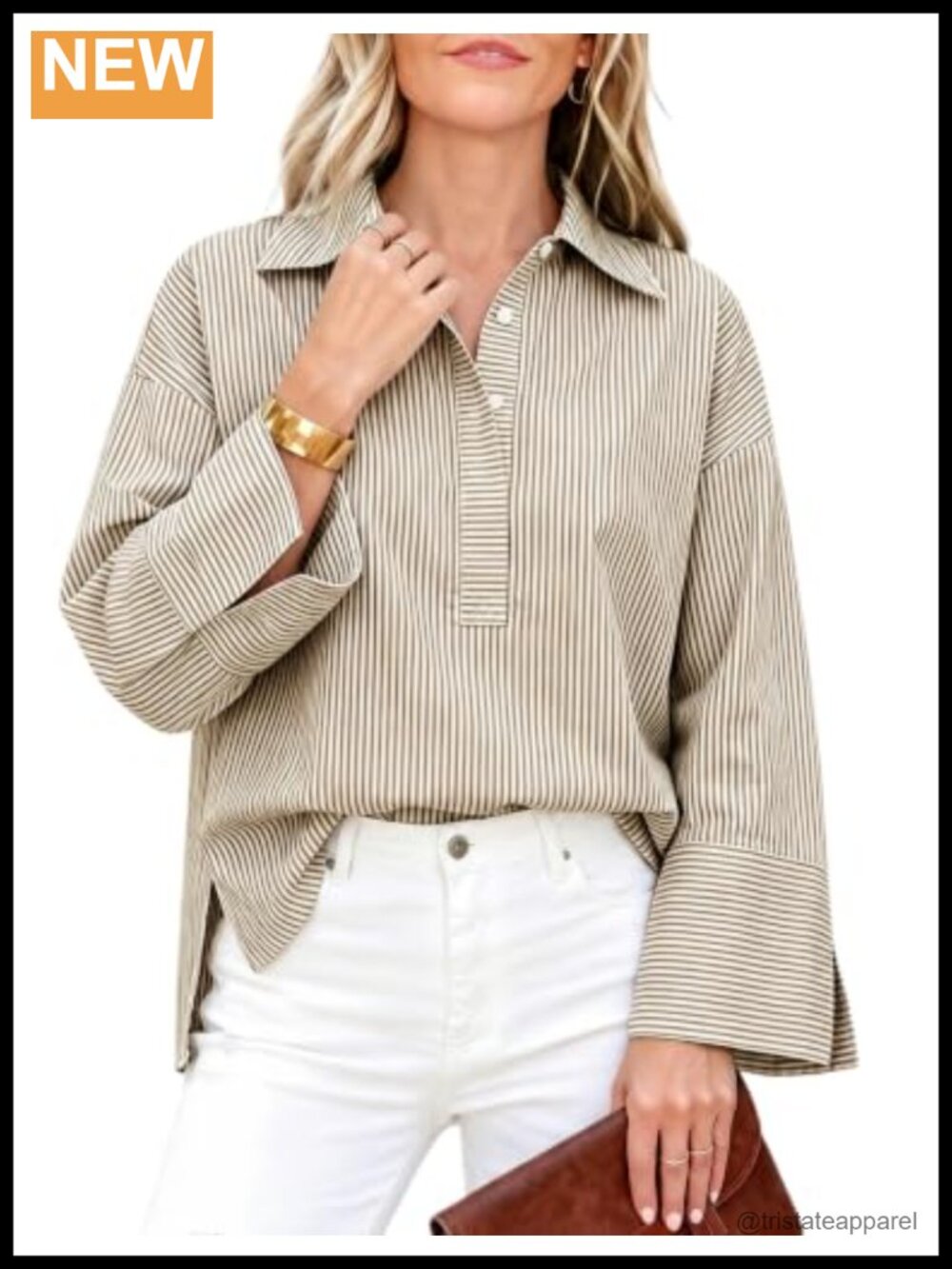 Women's Button Down Striped Henley Shirts Long Sleeve Cotton Blend Oversized